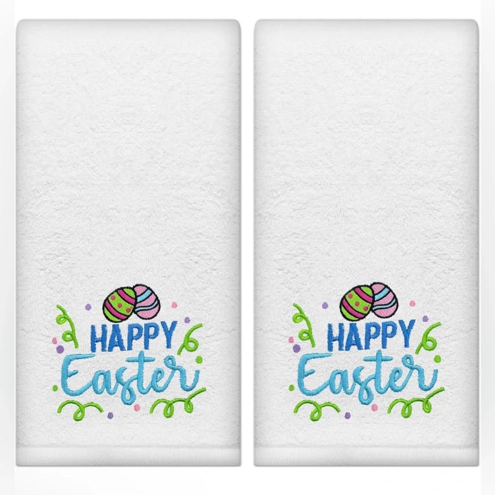 Happy Easter Embroidered White Hand Towels Set of 2